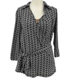 Worthington Stretch Dress Top Women M Black Geometric Print Wrap Belted Collared